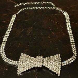 Rhinestone Silver-Tones Bowtie Necklace